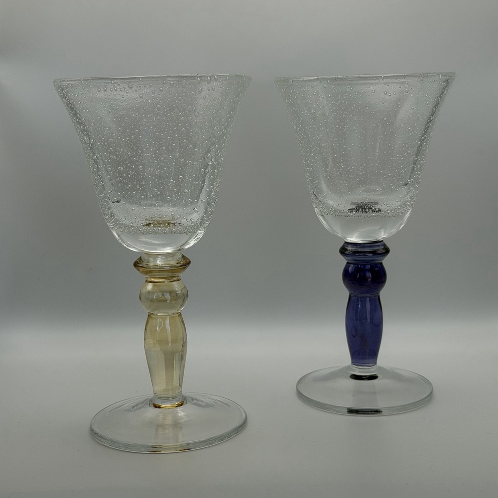 2 Pottery Barn Hand Blown Wine Glasses Water Goblets Bubble Violet Blue Yellow